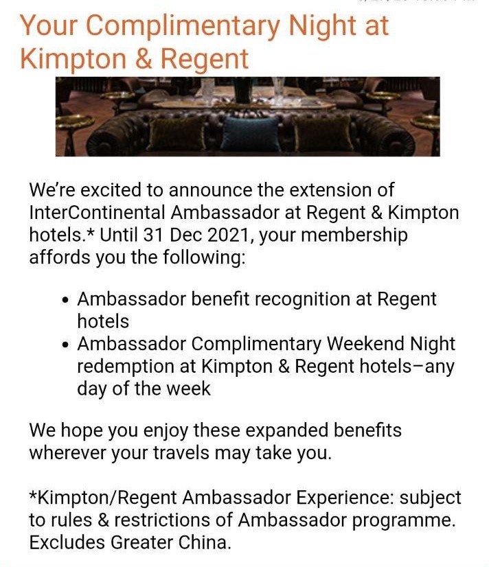 IHG Ambassador benefits now applicable on Kimpton and Regent hotels