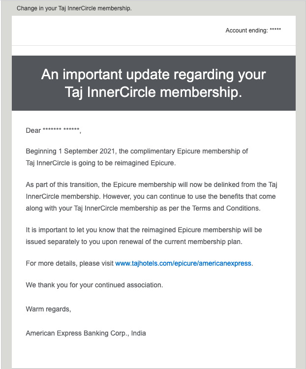 American Express email regarding new Taj Epicure Plans